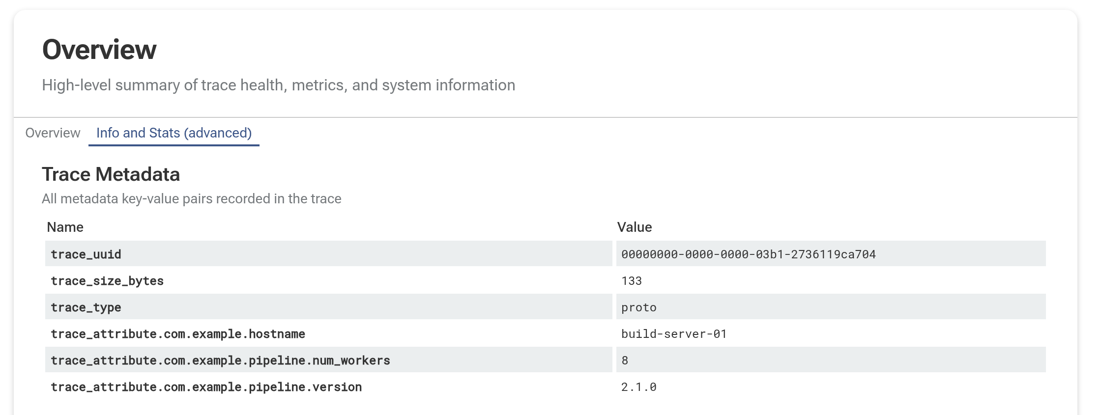 Info and Stats 页面中的 Trace 属性