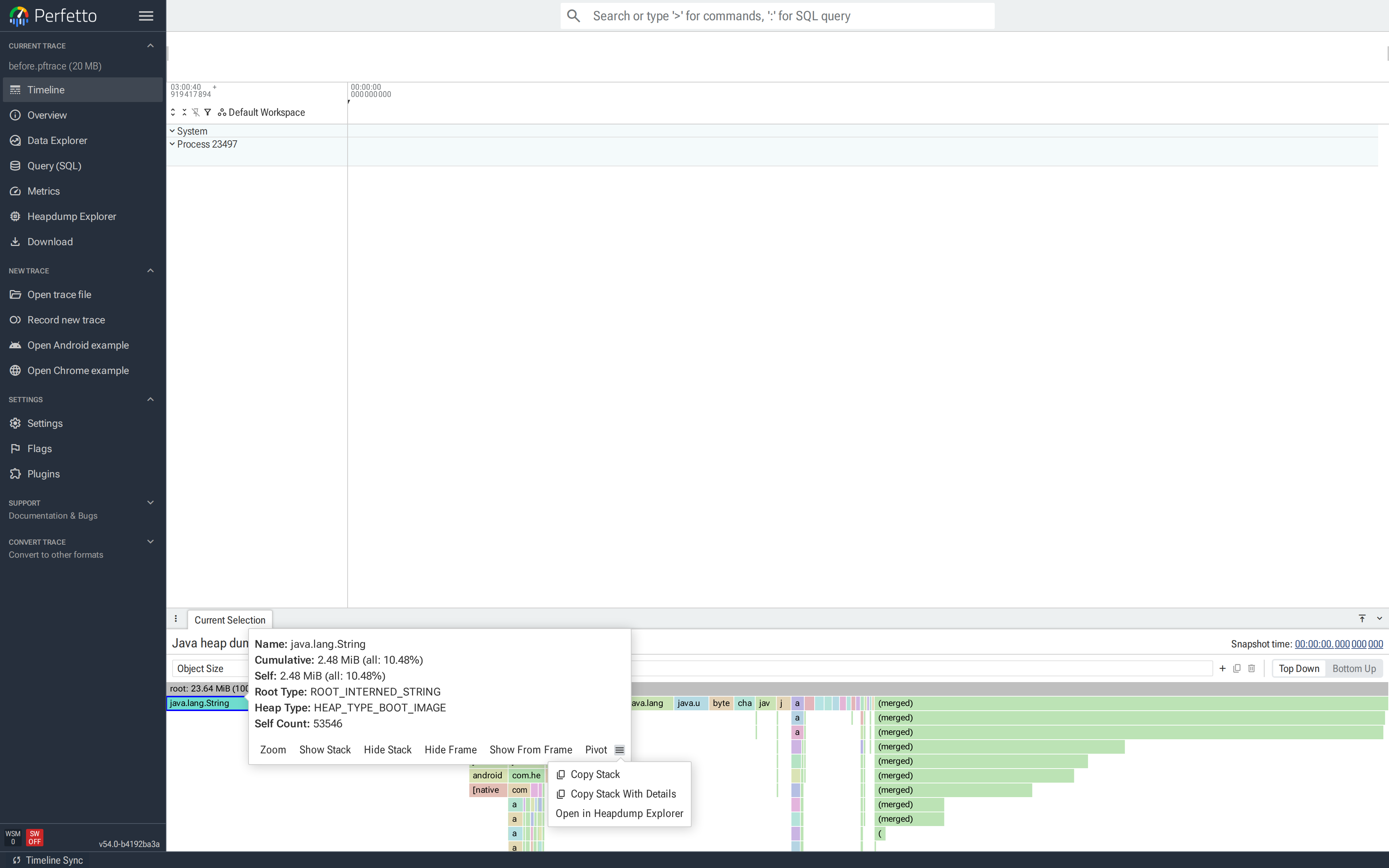 Heap graph 火焰图，`java.lang.String` 节点被选中；详情弹出窗口列出其 Cumulative size、Root Type 和 Self Count，溢出菜单已打开并显示"Open in Heapdump Explorer"。