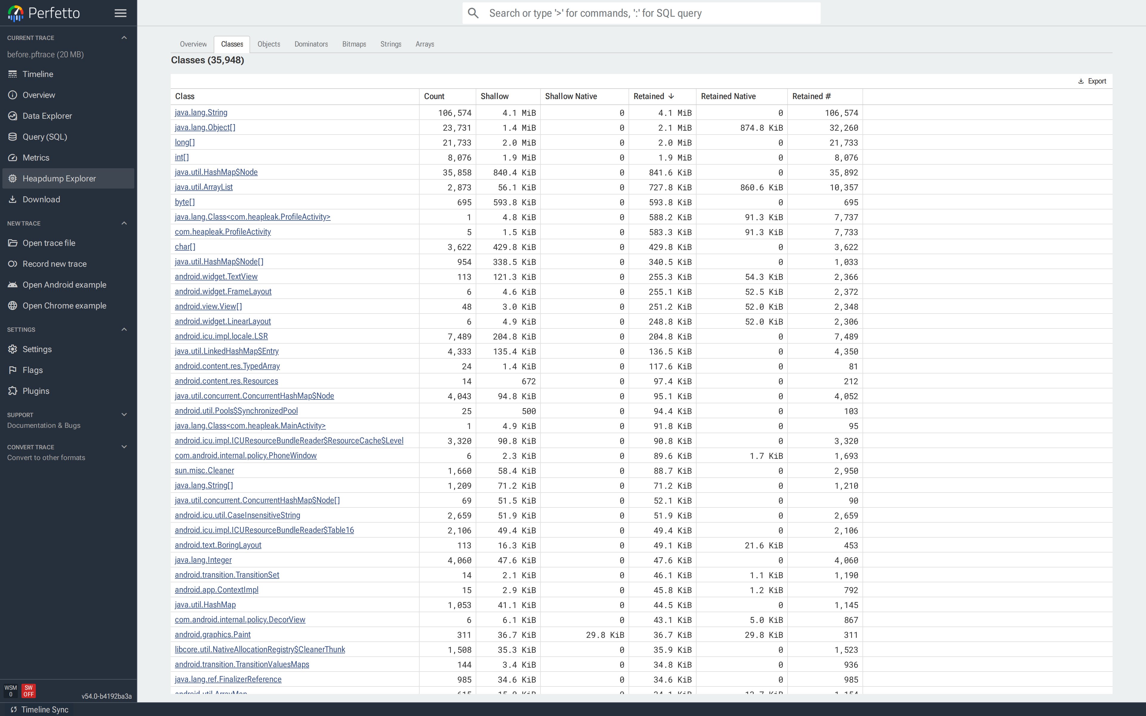 Classes 标签页按 Retained 排序；`byte[]` 和 `java.lang.String` 在顶部，`com.heapleak.ProfileActivity` 较下方 Count 为 1。