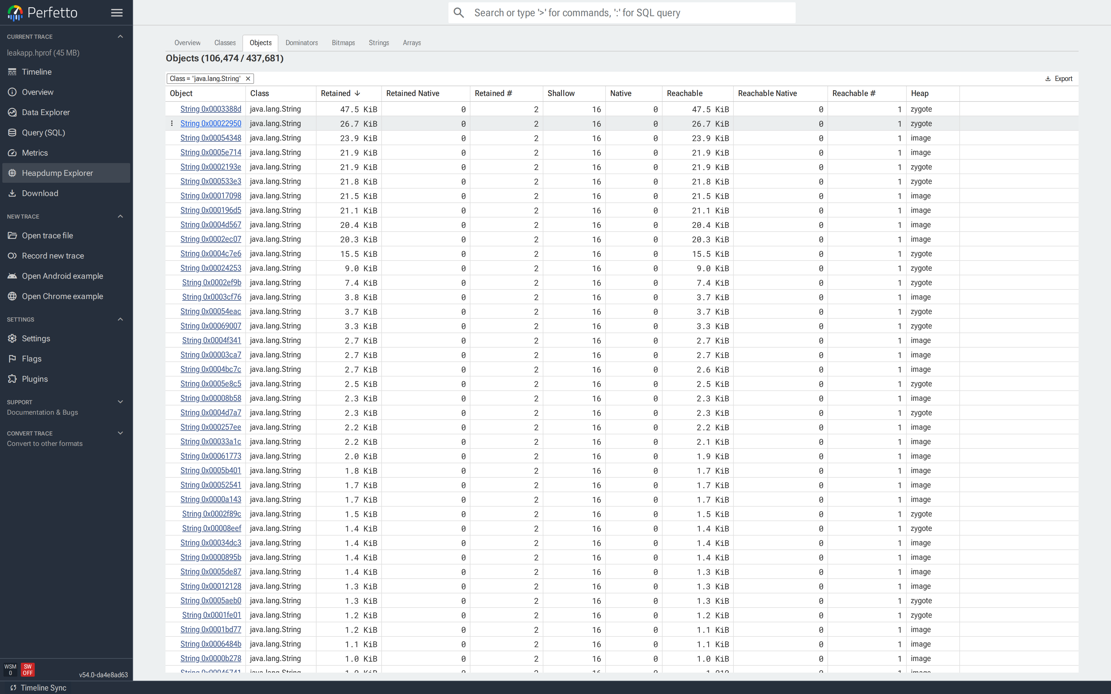 Objects 标签页过滤到 `java.lang.String`；437,681 个中的 106,474 个实例，按保留字节数排序。