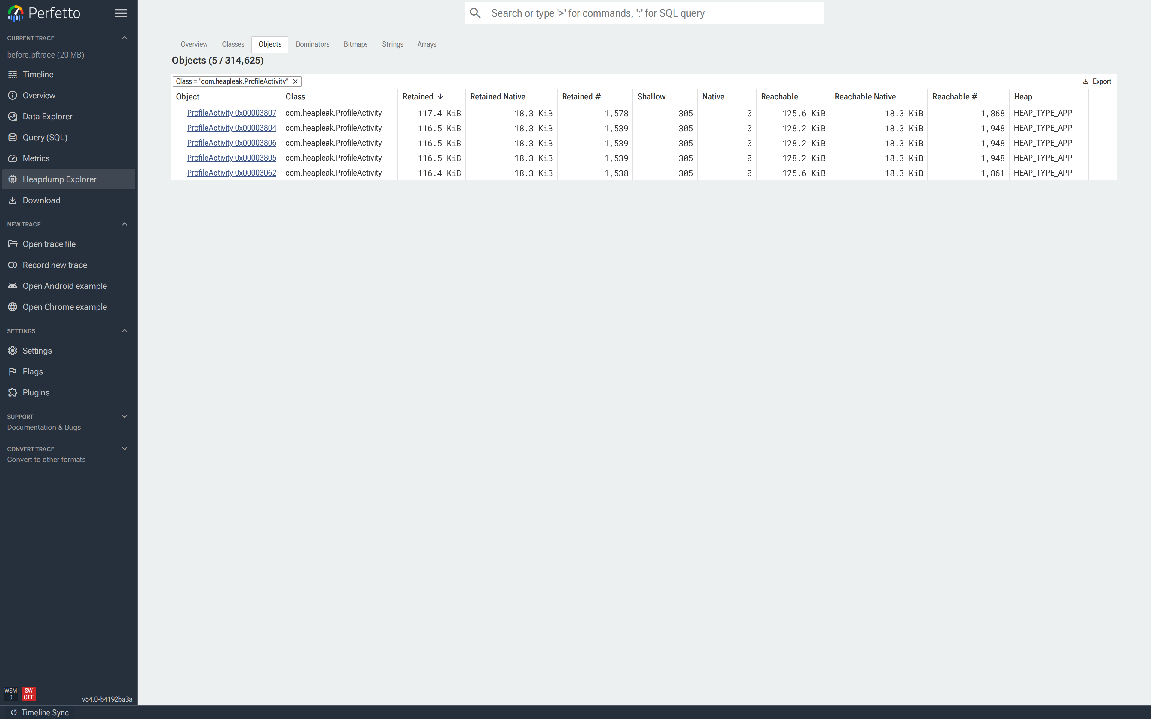 Objects 标签页过滤到 com.heapleak.ProfileActivity：五个实例，每个保留约 116.6 KiB 和 1,566 个可达对象。