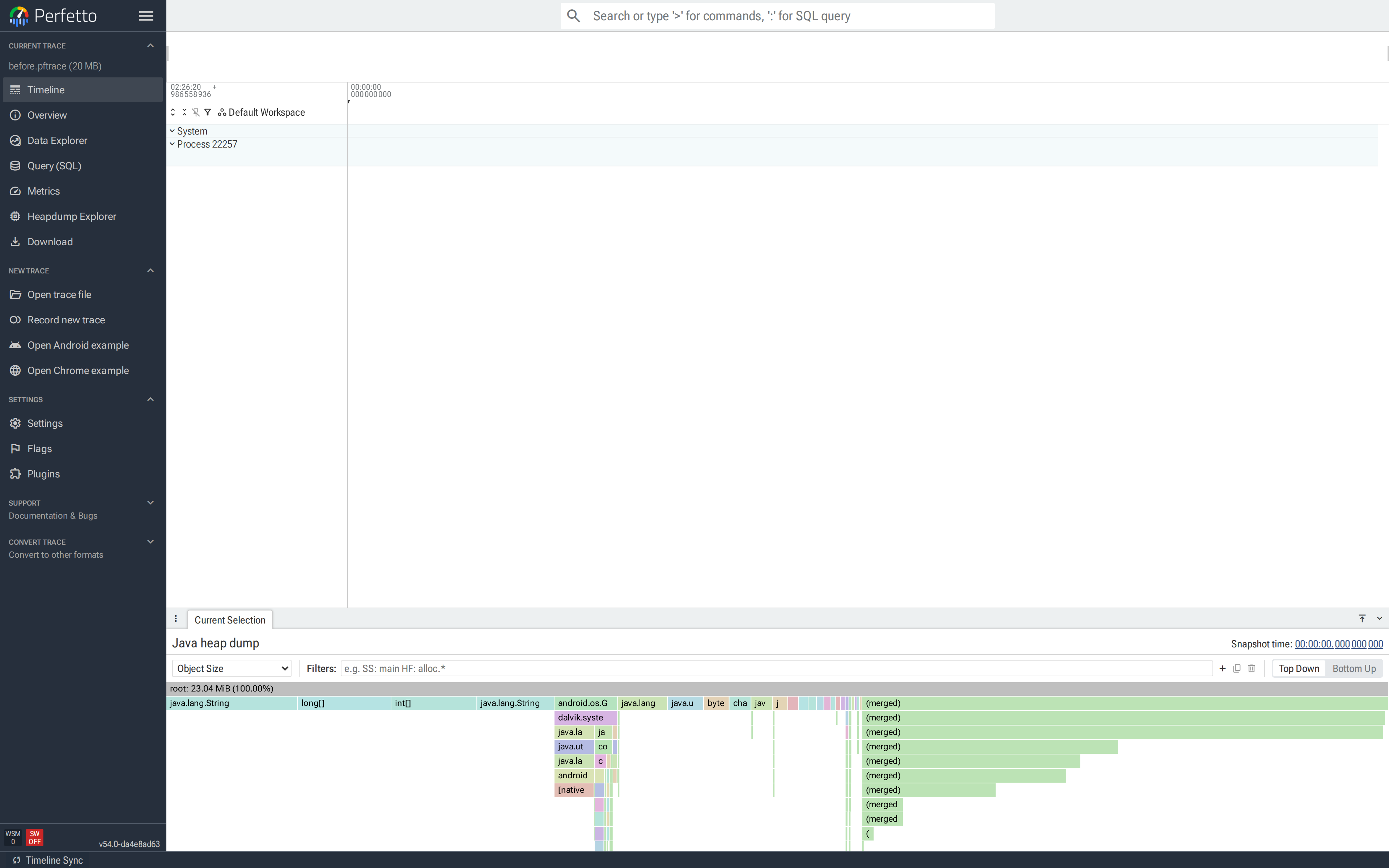 顶部 Timeline，点击进程 Track 上的 heap dump 菱形后底部面板中的 heap graph 火焰图。