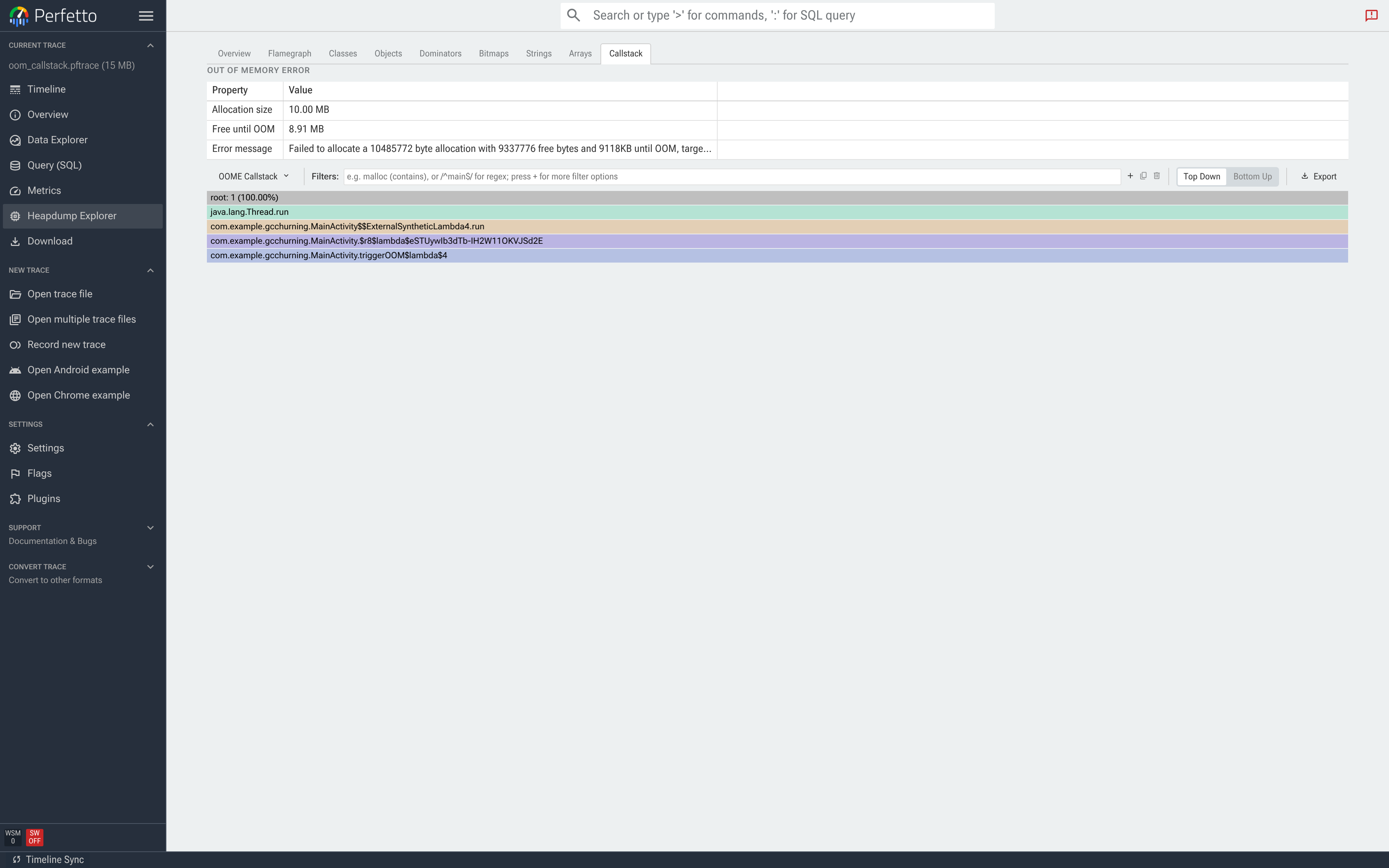 OOM dump 的 Callstack 标签页。Out of Memory Error 网格显示 Allocation size 10.00 MB、Free until OOM 8.91 MB 和原始 ART 错误消息;下方分配 stack 从 java.lang.Thread.run 向下到 MainActivity.triggerOOM。