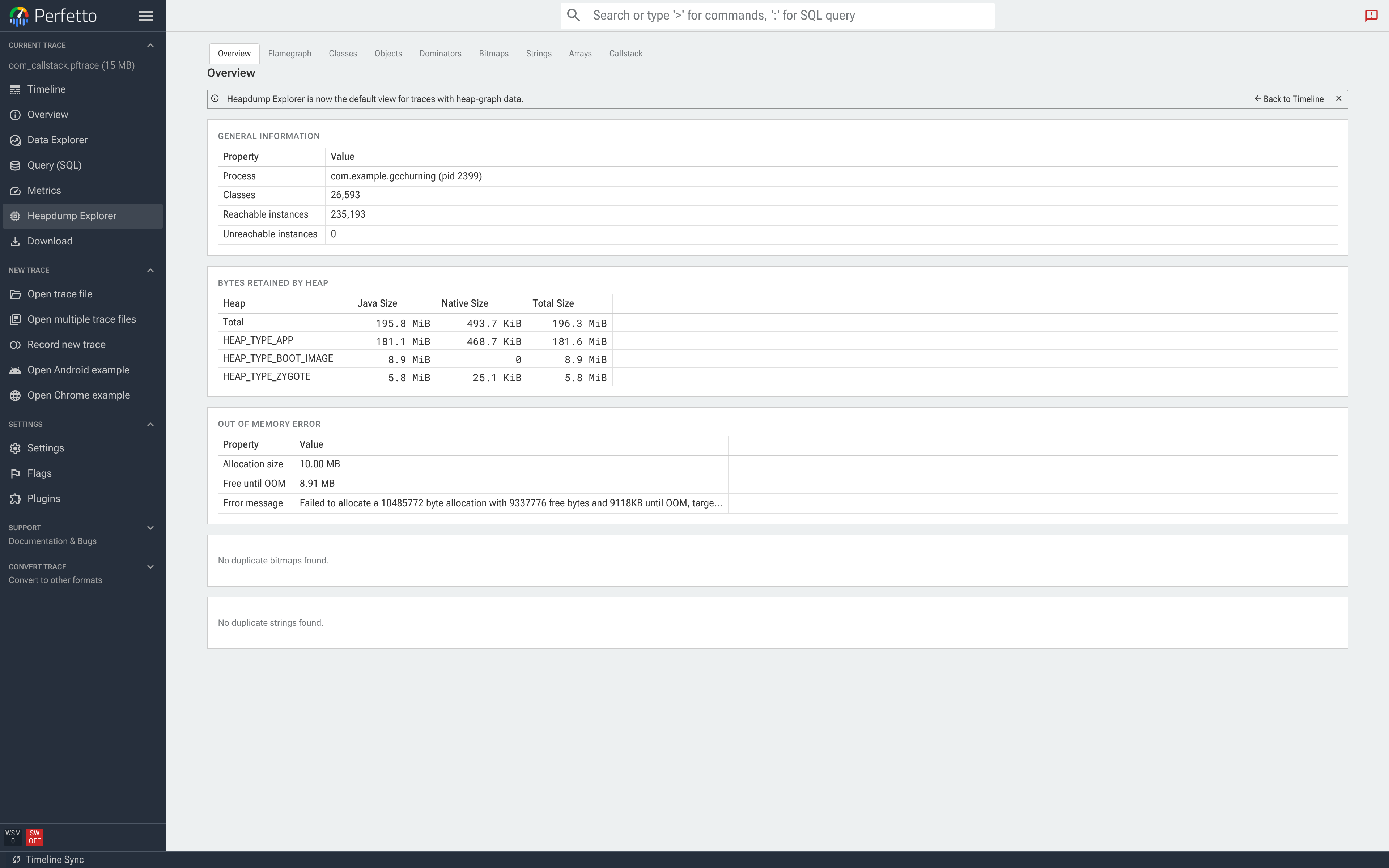 OOM dump 的 Overview 标签页。Bytes Retained by Heap 下方,Out of Memory Error 卡片显示 Allocation size 10.00 MB、Free until OOM 8.91 MB 以及原始 ART 错误消息。