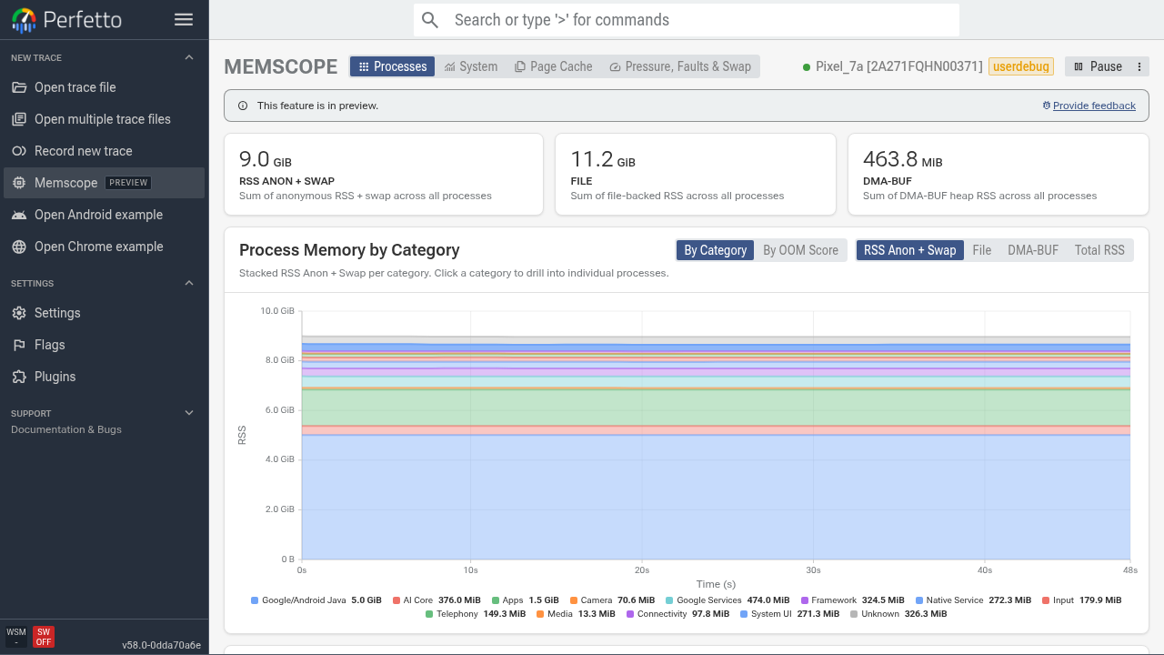 Memscope 连接后的视图，显示系统统计和进程列表