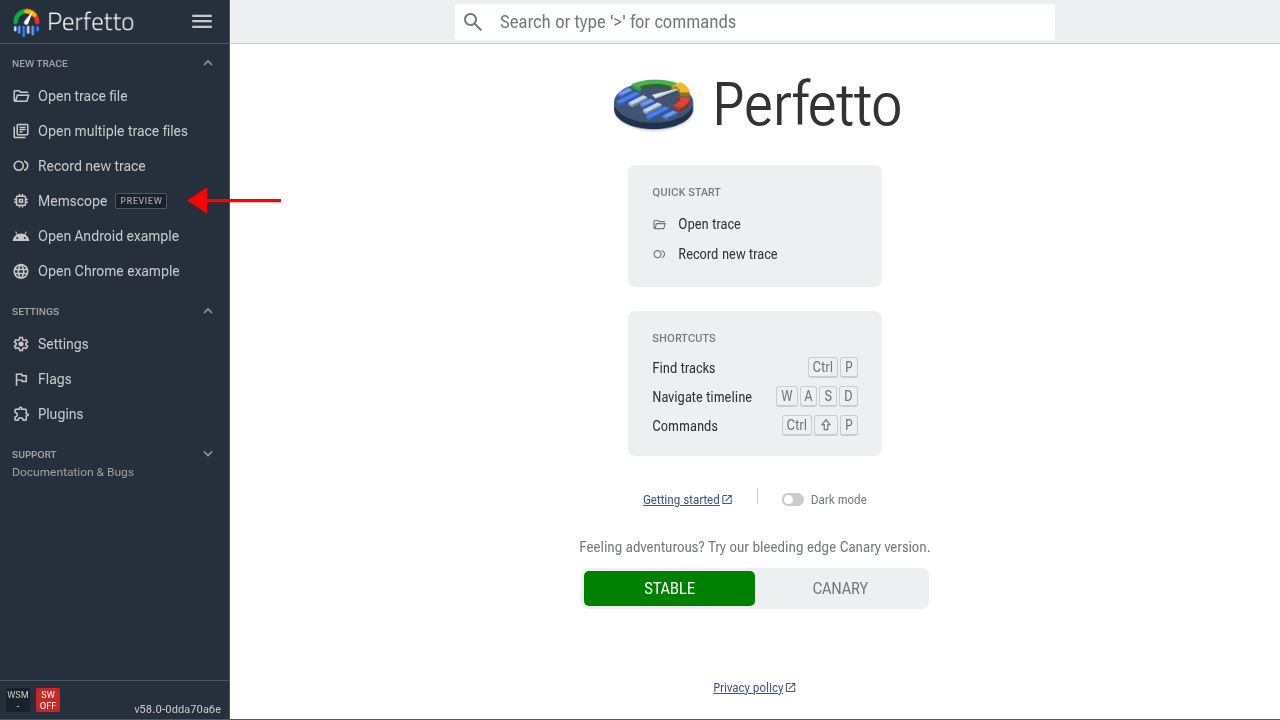 侧边栏中高亮显示 Memscope 入口的 Perfetto UI