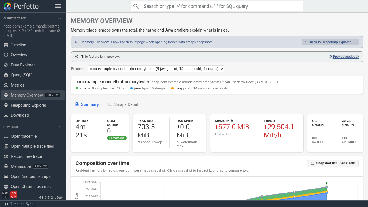 从 Memscope trace 打开的 Memory Overview，进程选择器中显示被 profile 的应用