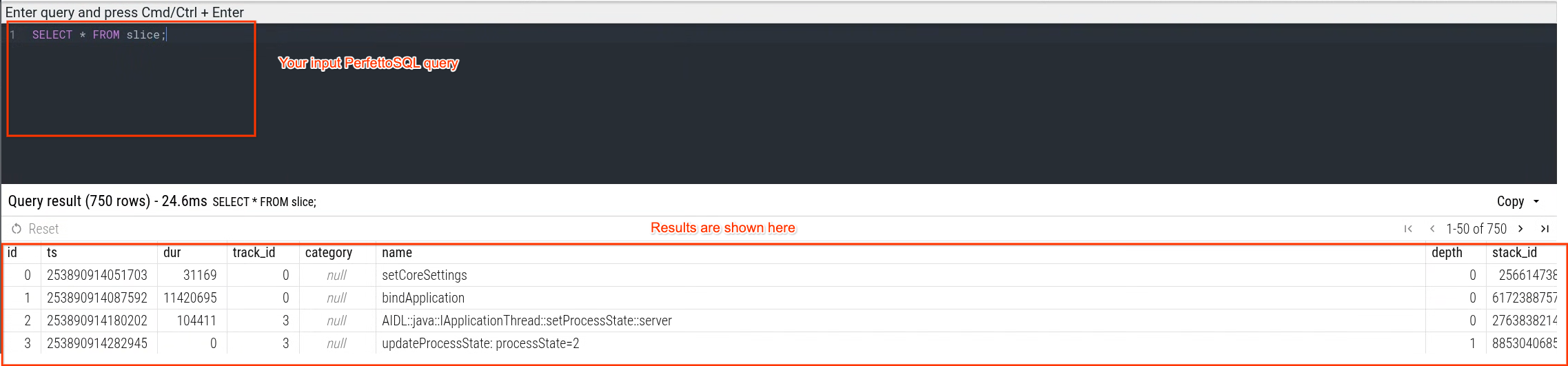 Perfetto UI SQL Window