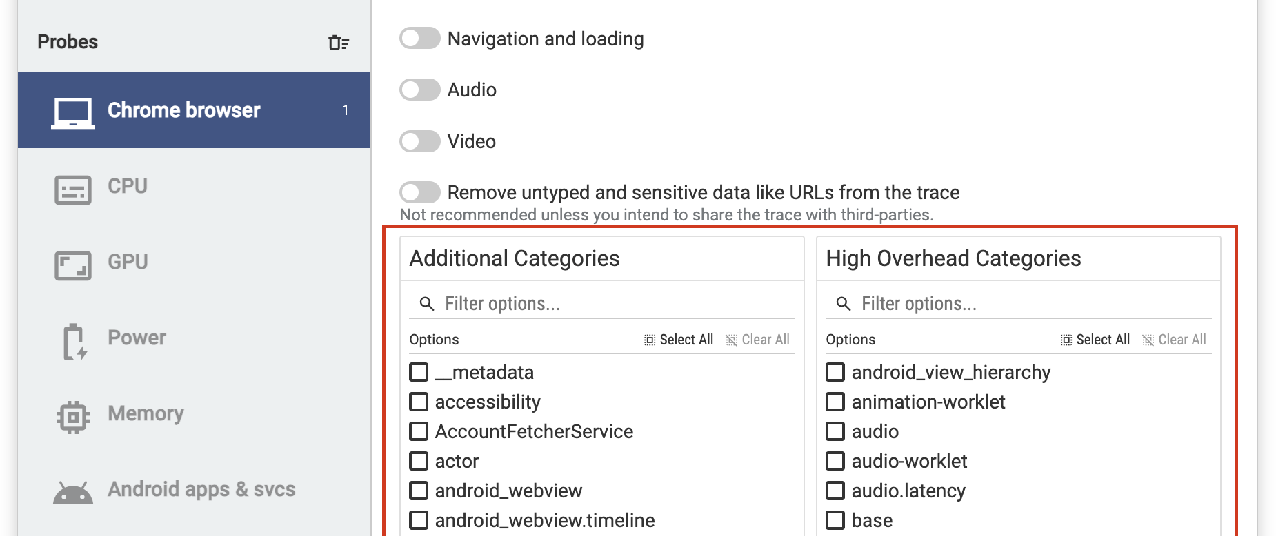 Chrome 的跟踪类别